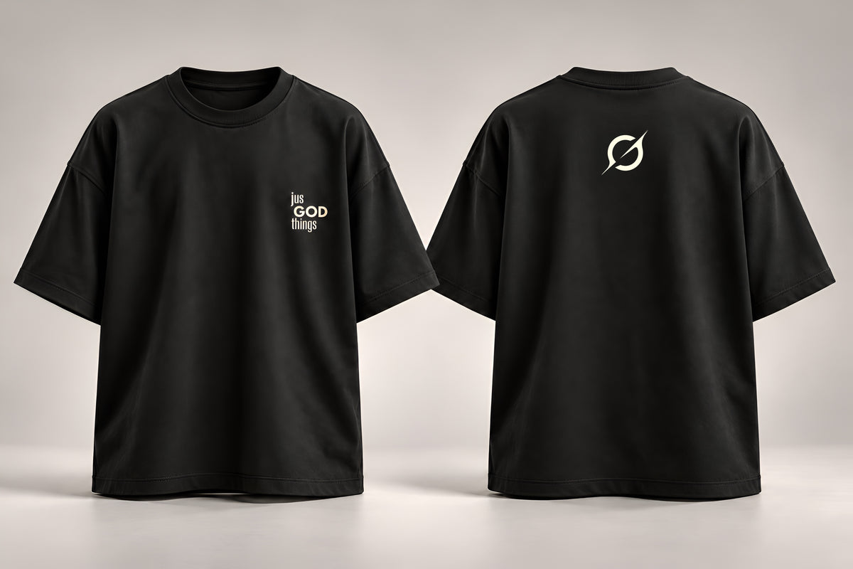 Black JGT oversized T-shirt front and back view featuring off-white chest embroidery and signature back logo.
