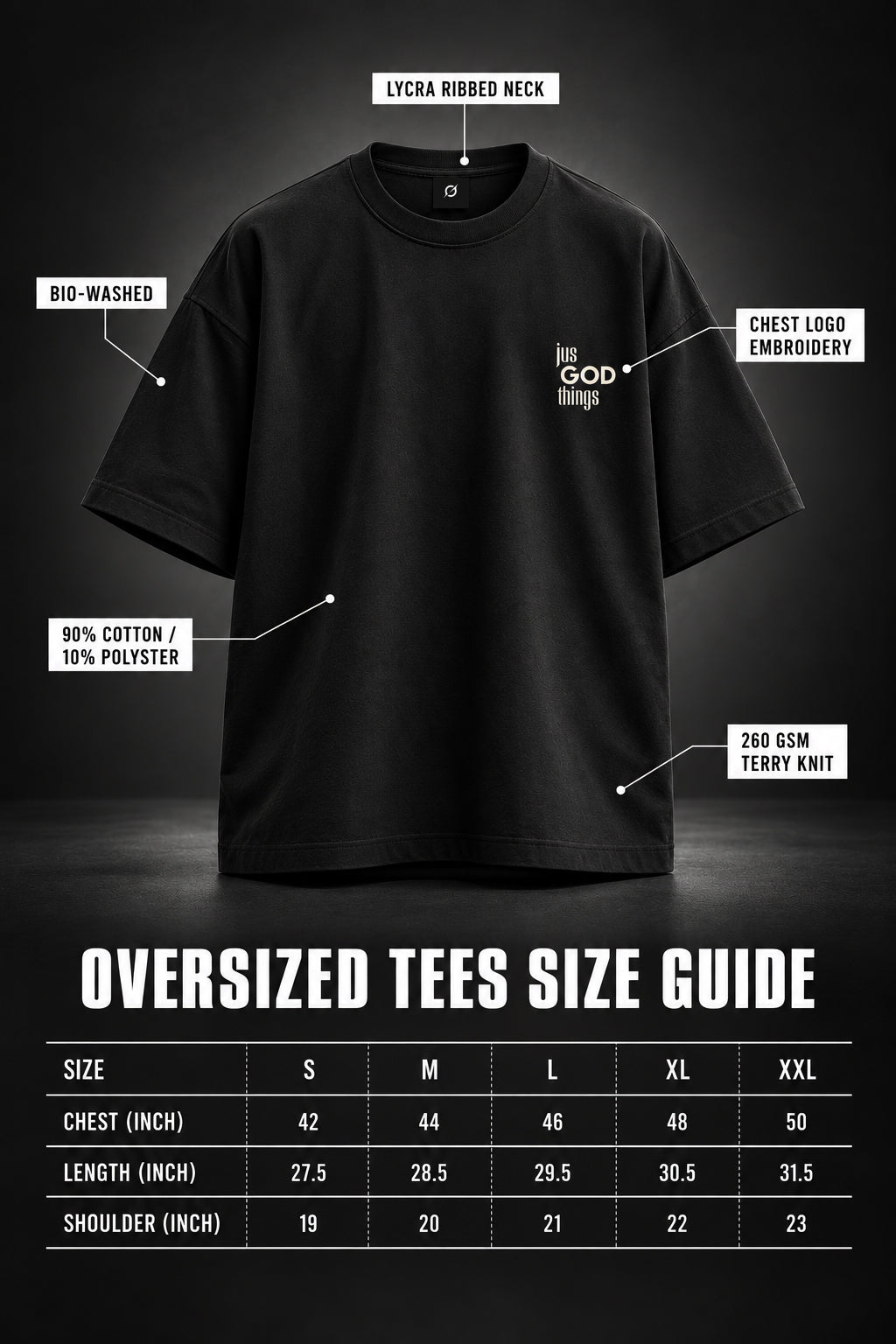 JGT black oversized T-shirt size guide showing garment measurements and sizing information.