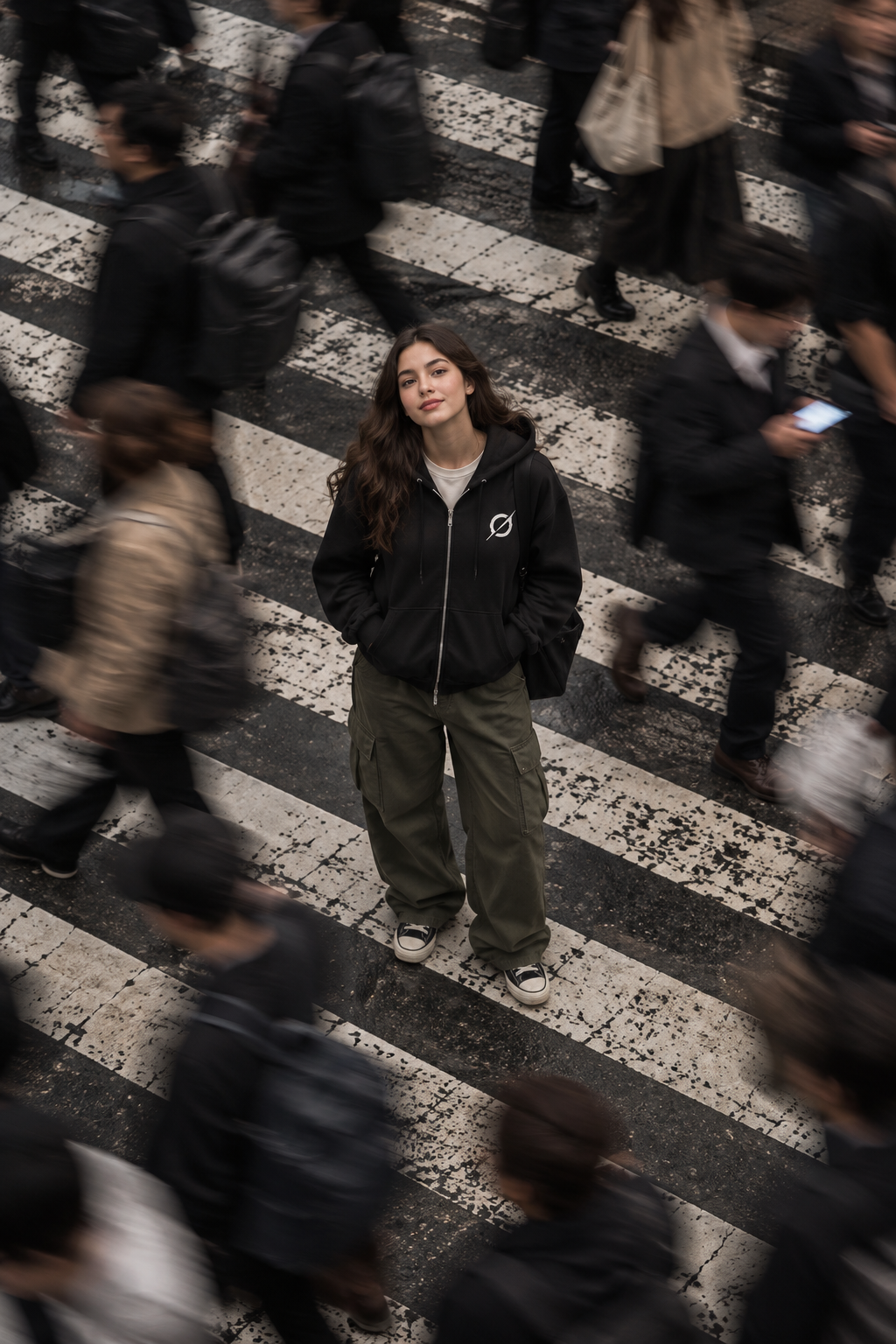 Female model wearing a black JGT zip-up hoodie with relaxed trousers on a busy city pedestrian crossing.
