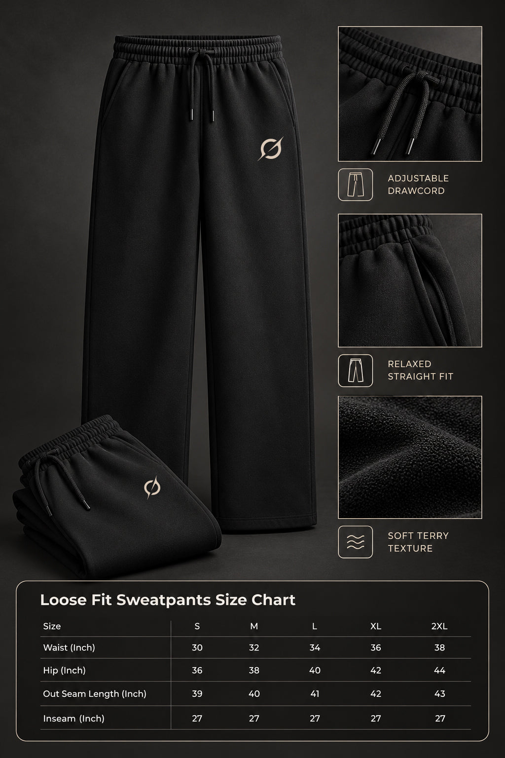 JGT black relaxed-fit sweatpants product guide showing garment details, fabric features and size chart.