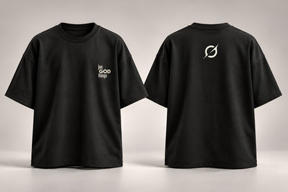 Black JGT oversized T-shirt front and back view featuring off-white chest embroidery and signature back logo.