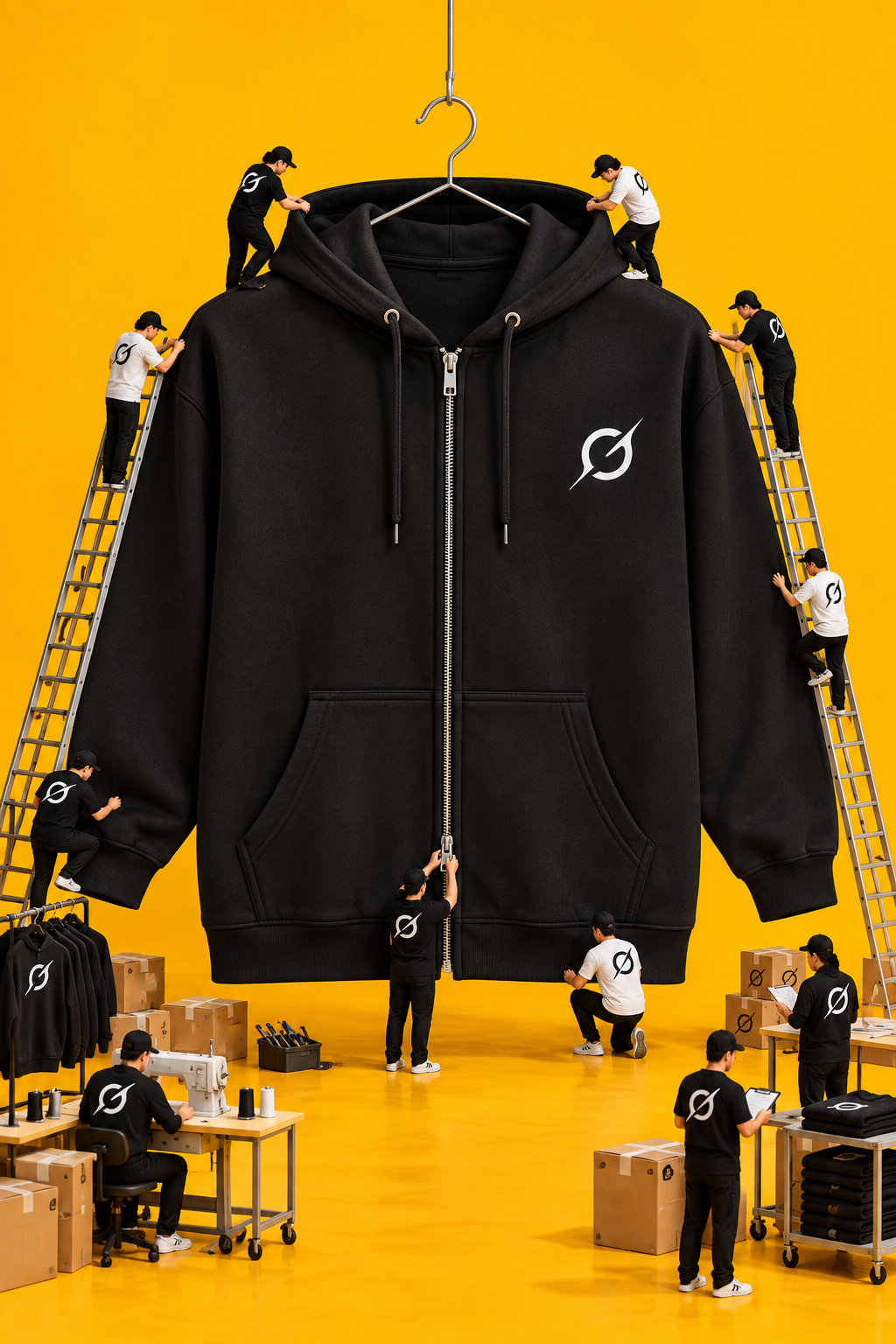 Black JGT zip-up hoodie with off-white chest logo displayed against a bright yellow background with miniature figures.