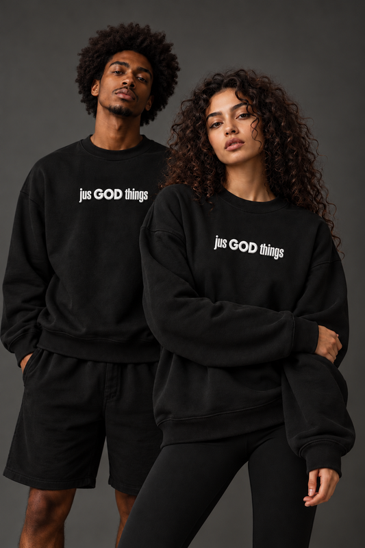 Black 400 GSM heavyweight oversized sweatshirt with signature off-white Jus God Things chest puff print.