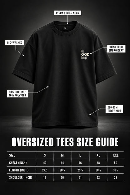 JGT black oversized T-shirt size guide showing garment measurements and sizing information.