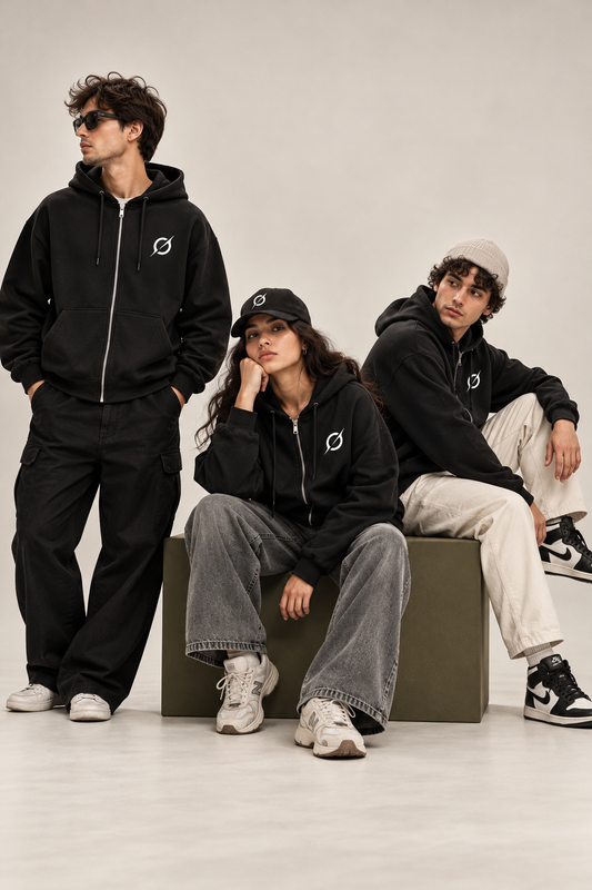 Black 400 GSM heavyweight zip-up hoodie with signature off-white Jus God Things branding.