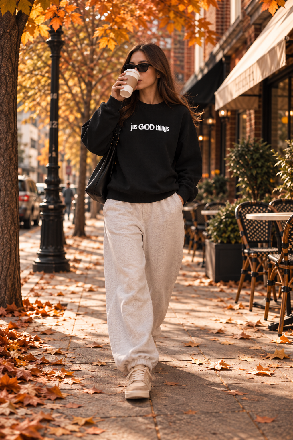 Model wearing a black JGT oversized sweatshirt with white chest branding, styled with beige trousers for a casual streetwear look.
