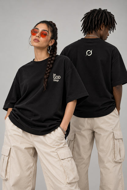 Black 260 GSM heavyweight terry knit oversized T-shirt with off-white Jus God Things chest embroidery.
