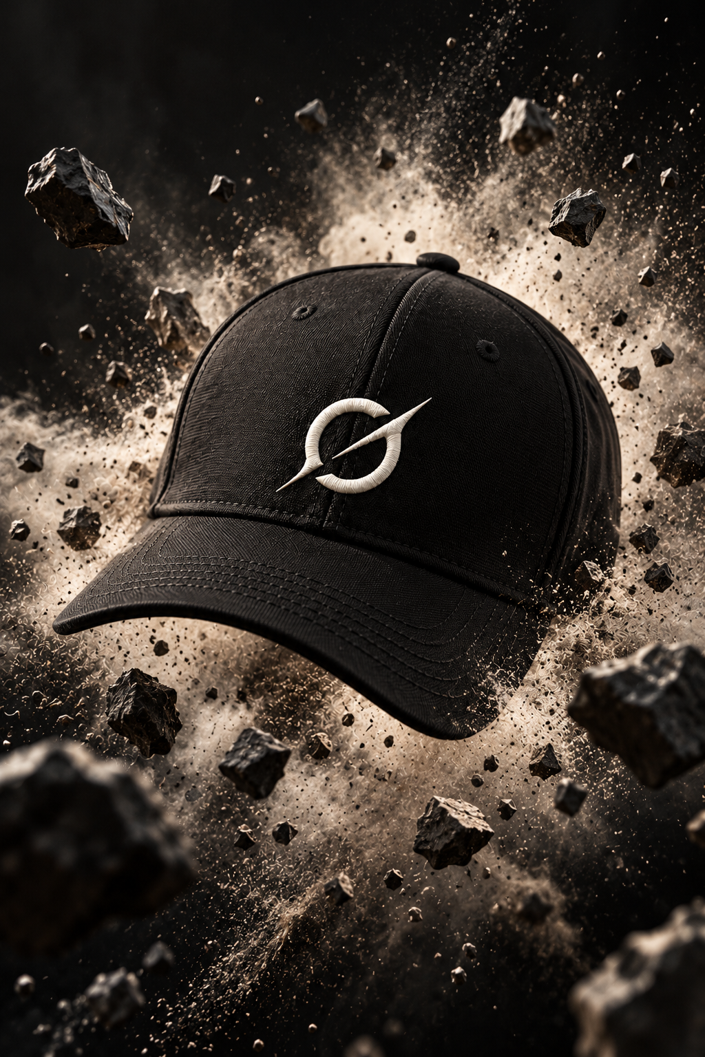 Black JGT baseball cap with off-white embroidered logo in a dramatic product photography setting.
