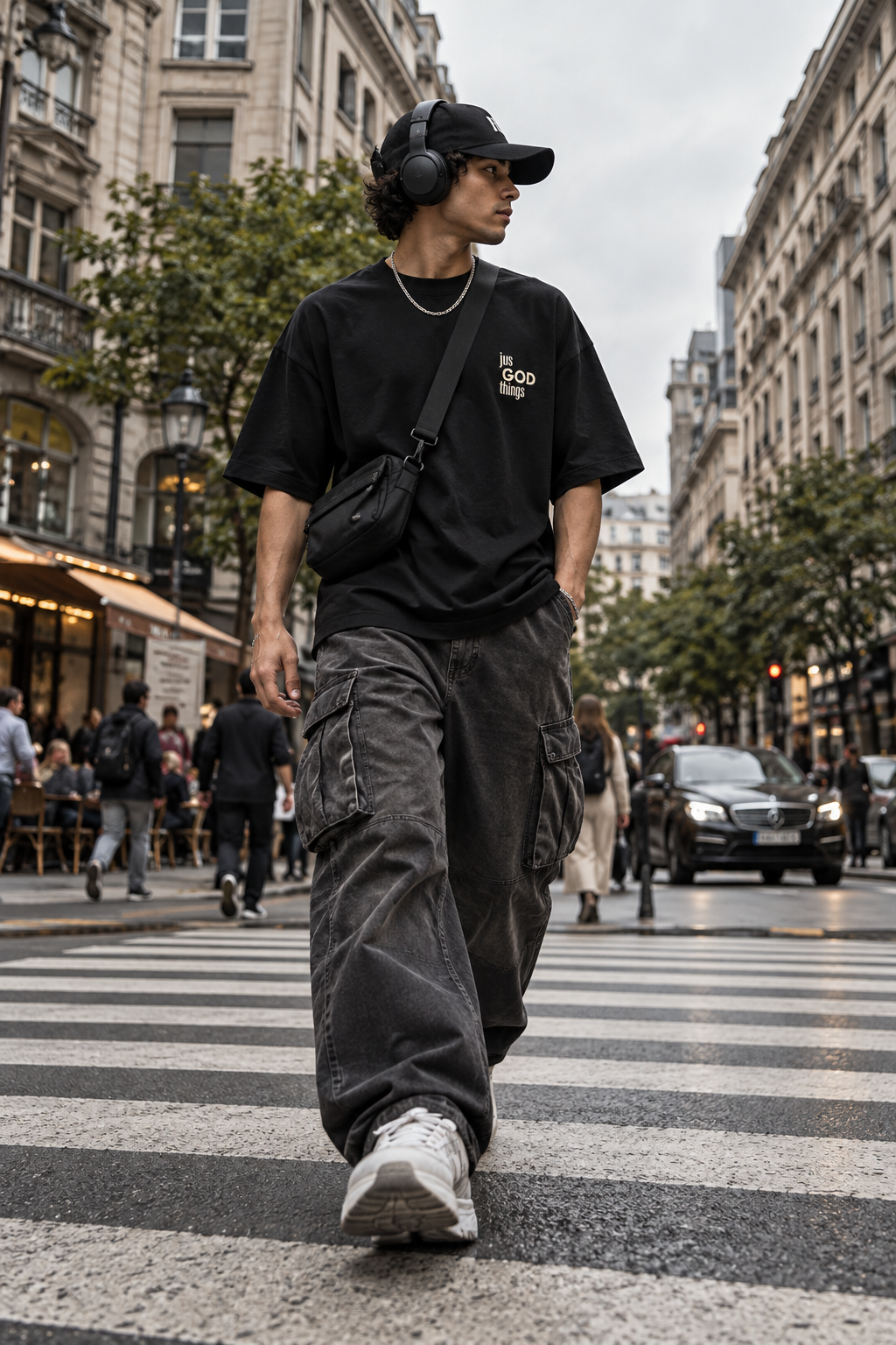 Male model wearing a black JGT oversized T-shirt with off-white logo branding and relaxed black cargo pants on an urban street.
