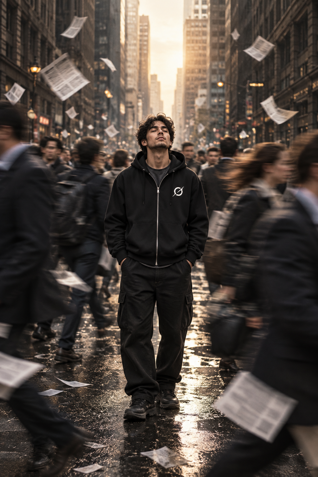 Male model wearing a black JGT zip-up hoodie in a busy urban street, styled in a minimalist streetwear look.