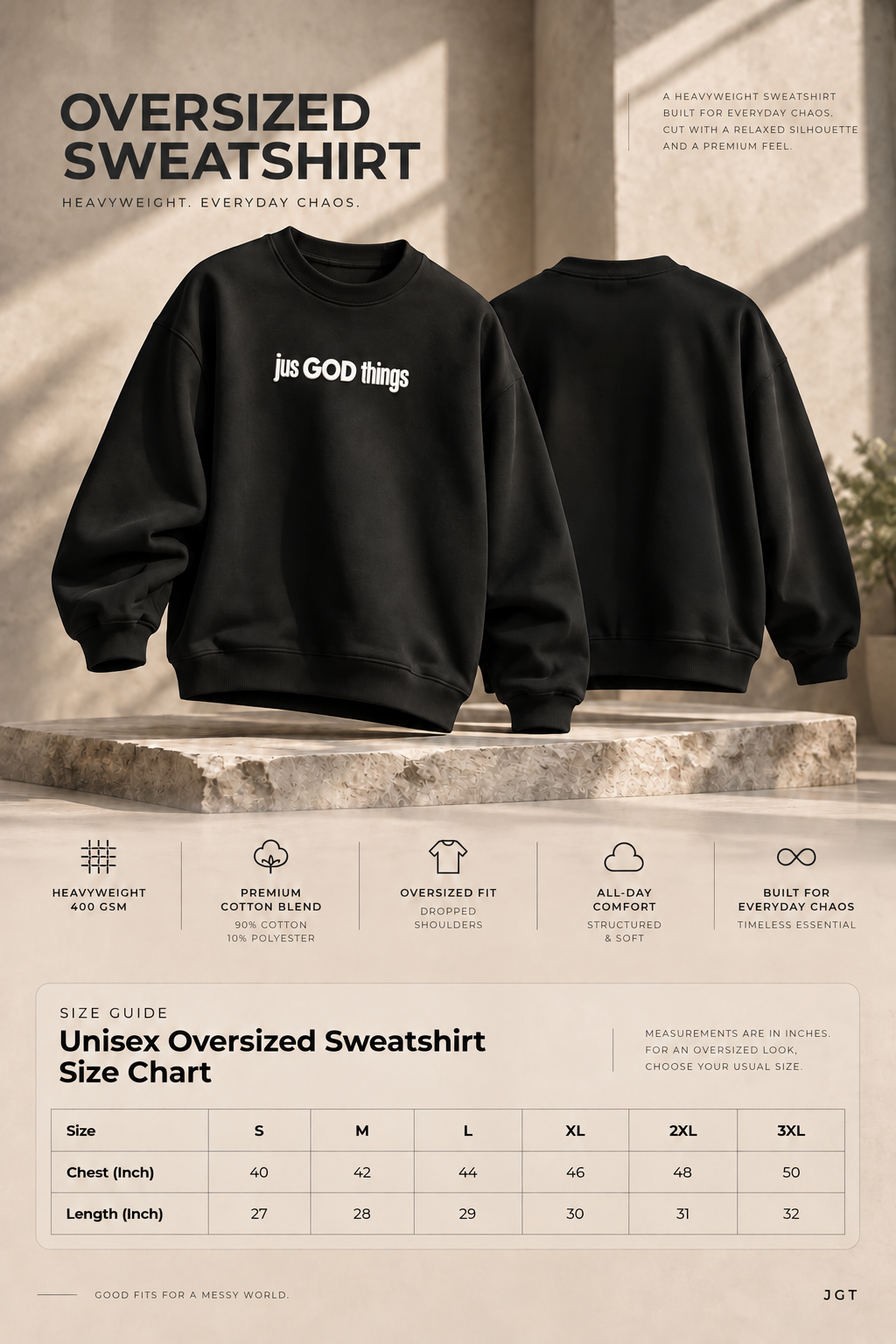 Black JGT oversized sweatshirt product display with white chest branding and a unisex sweatshirt size chart.