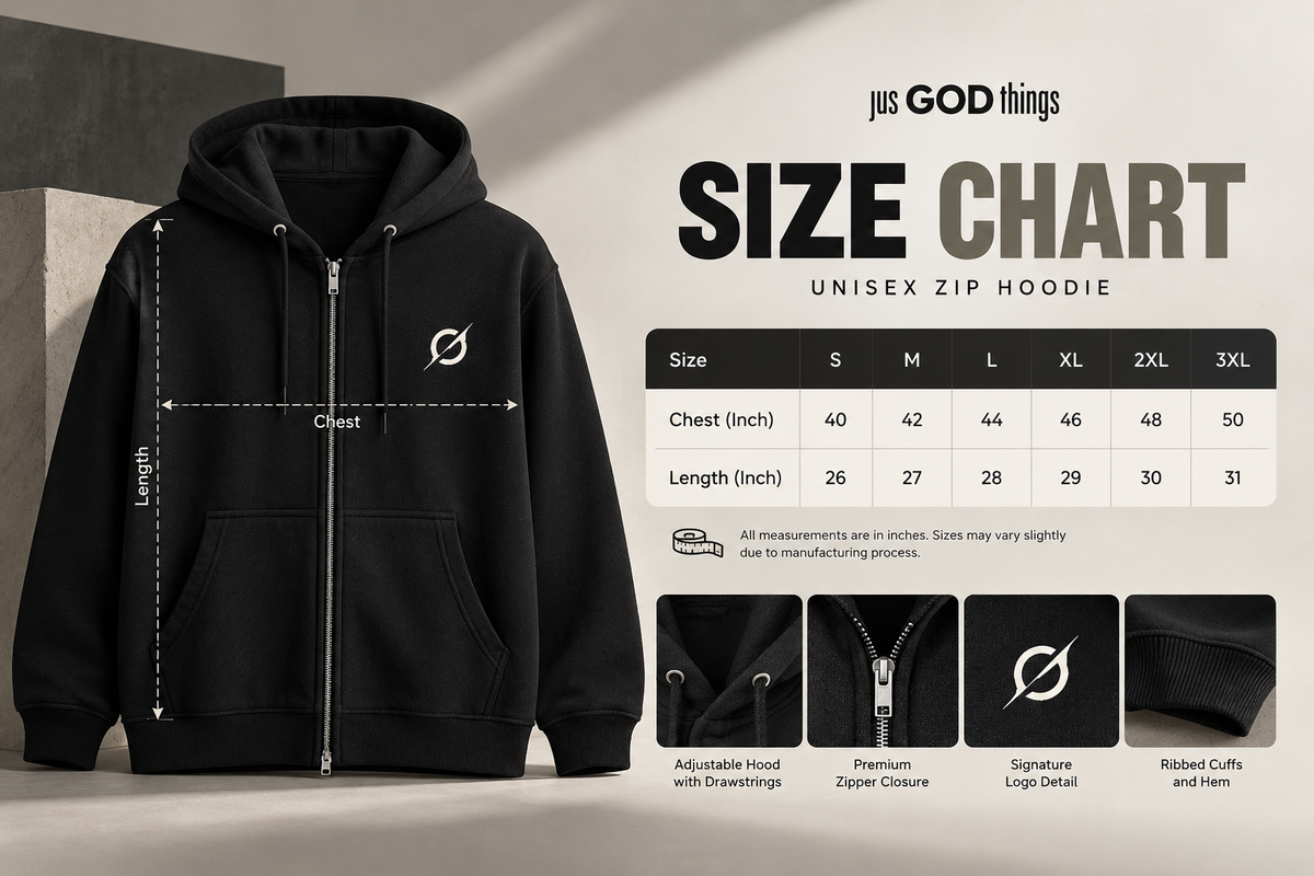 JGT black zip-up hoodie size chart showing garment measurements, sizing information and product detail views.