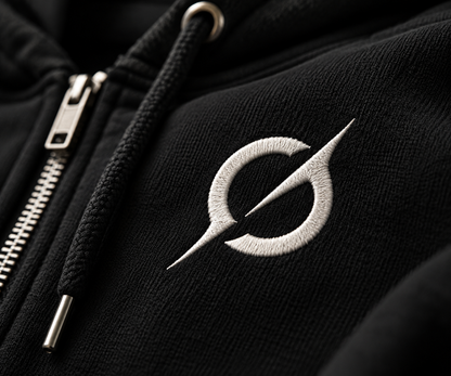 Close-up of the off-white JGT logo on black heavyweight zip-up hoodie fabric beside the metal zipper.