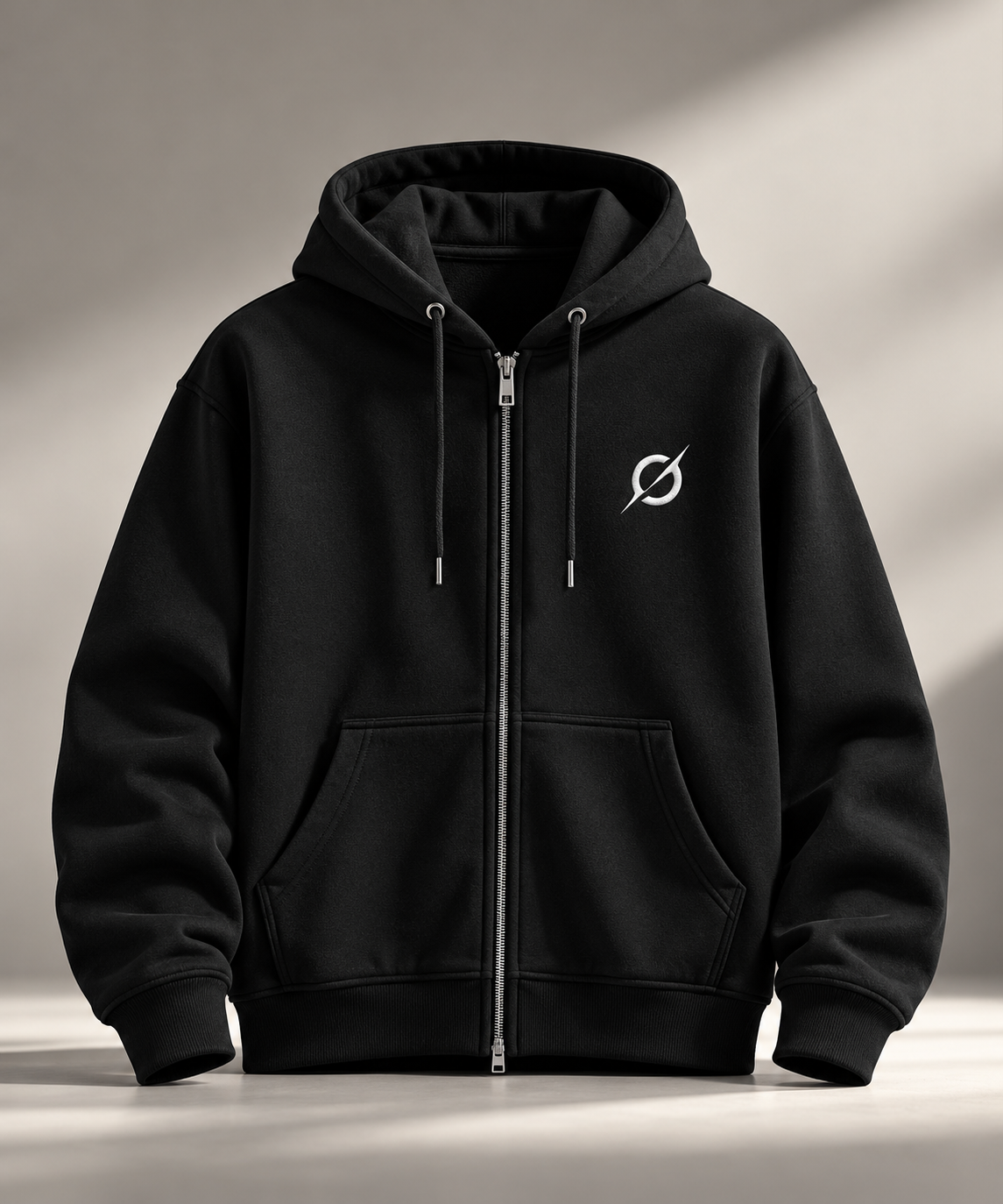 Front view of the black JGT zip-up hoodie featuring an off-white chest logo, adjustable hood, front pockets and ribbed cuffs.