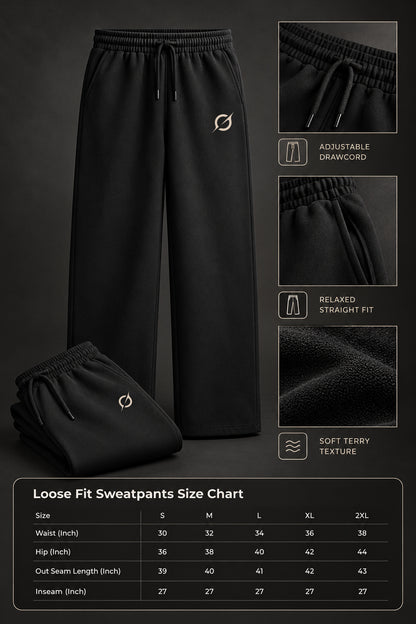 JGT black relaxed-fit sweatpants product guide showing garment details, fabric features and size chart.