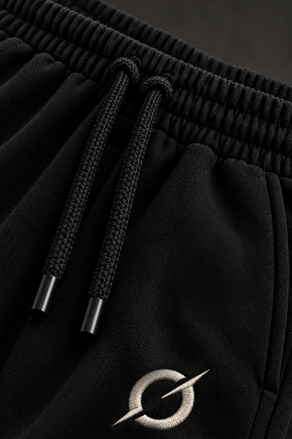 Close-up of black JGT sweatpants featuring an elastic waistband, adjustable drawstrings and an off-white embroidered logo.