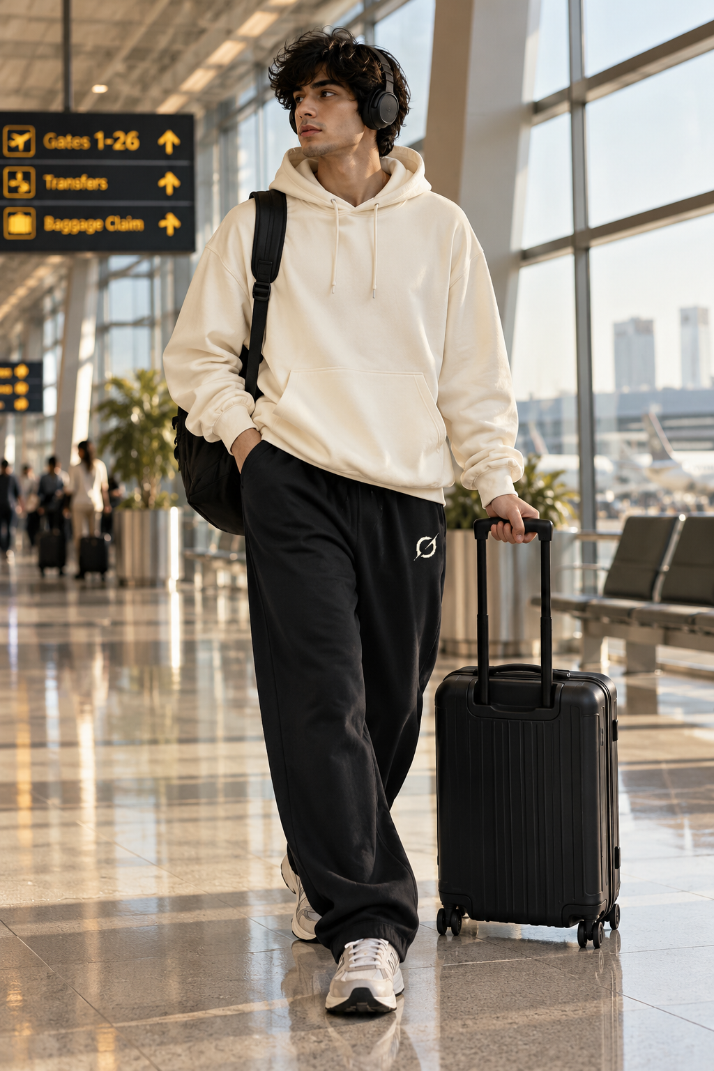 Male model wearing black JGT relaxed-fit sweatpants with a cream sweatshirt and white sneakers in an airport terminal.